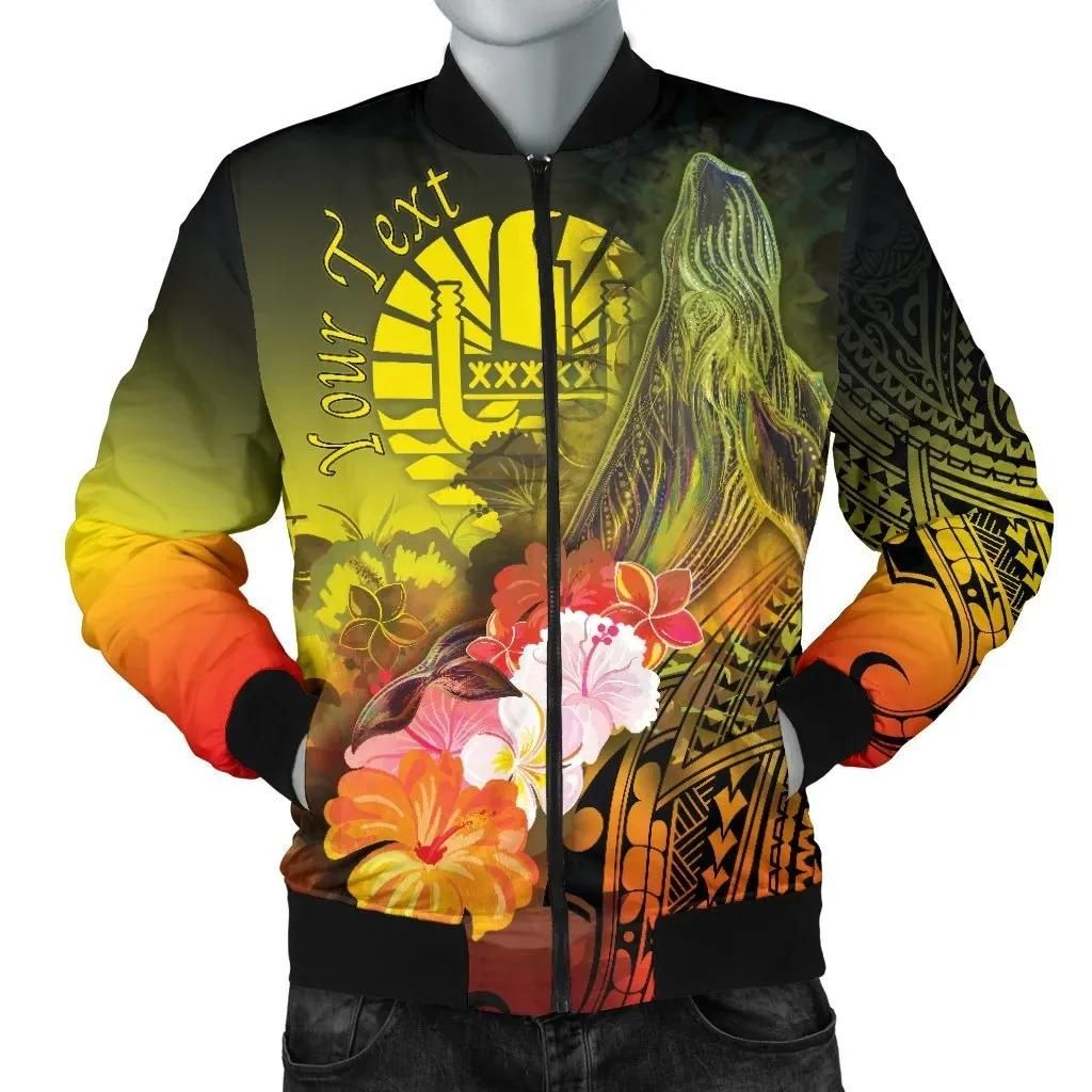 Tahiti Custom Personalised Men's Bomber Jacket - Humpback Whale with Tropical Flowers (Yellow)- BN18 Bomber Jacket Tahiti Custom Personalised Men's Bomber Jacket - Humpback Whale with Tropical Flowers (Yellow)- BN18 Bomber Jacket