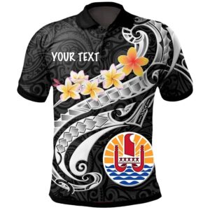 Tahiti Custom Personalised Polo Shirt - Tahiti Seal Polynesian Patterns Plumeria (Black) - BN25