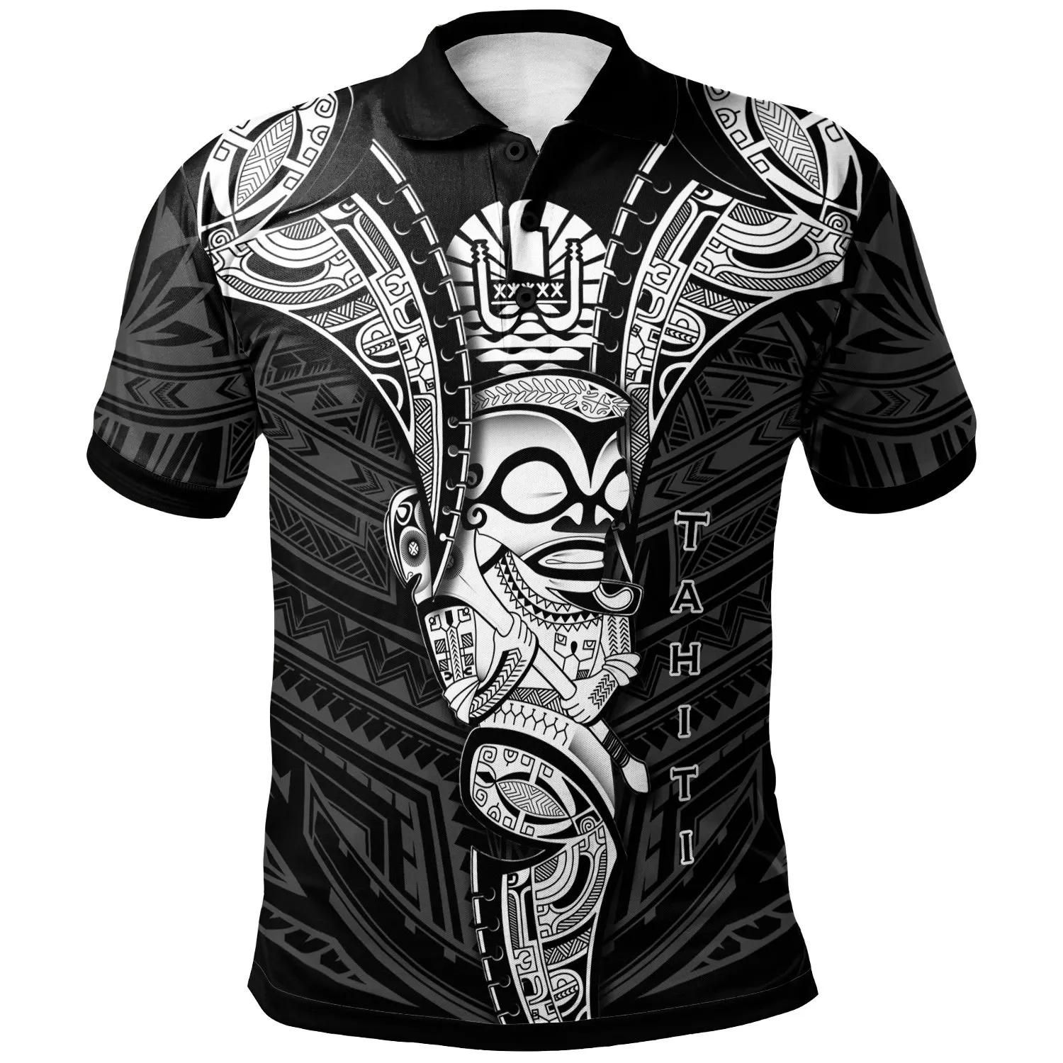 Tahiti Polo Shirt - Polynesian Tiki Warrior Style White - BN29 Tahiti Polo Shirt - Polynesian Tiki Warrior Style White - BN29