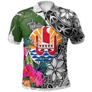 Tahiti Polo Shirt White - Turtle Plumeria Banana Leaf - BN11