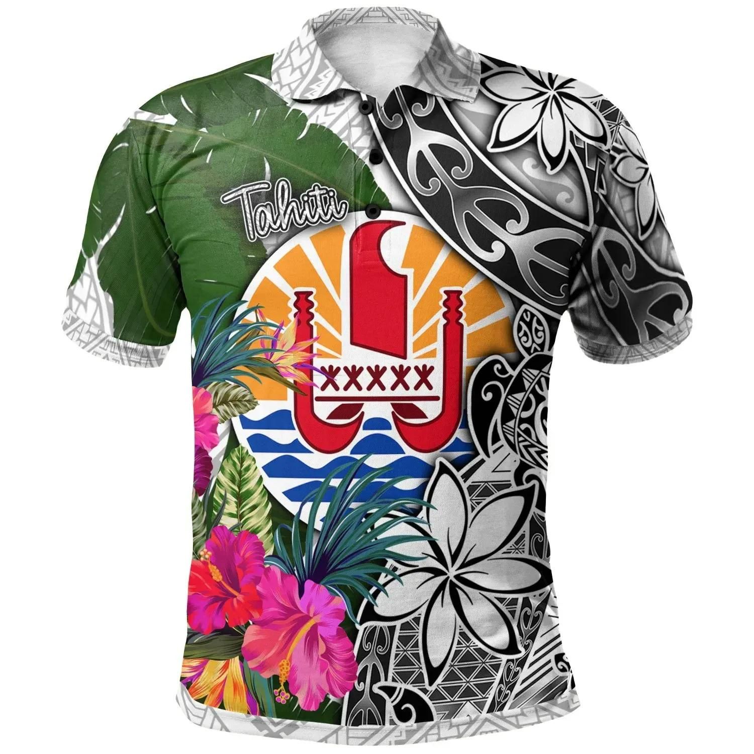 Tahiti Polo Shirt White - Turtle Plumeria Banana Leaf - BN11 Tahiti Polo Shirt White - Turtle Plumeria Banana Leaf - BN11