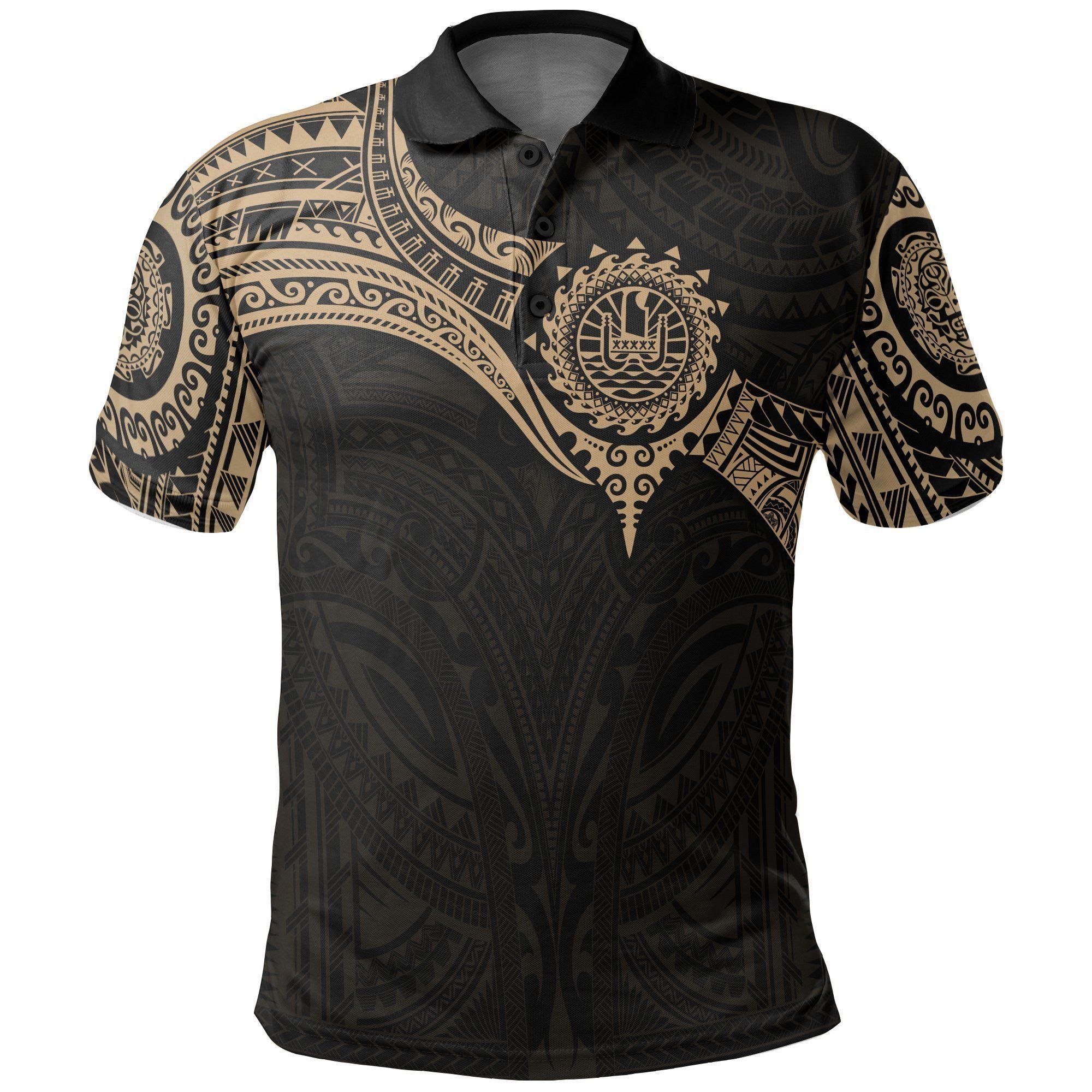 Tahiti Polynesian Polo Shirt - Gold Heart Shield - BN11 Tahiti Polynesian Polo Shirt - Gold Heart Shield - BN11