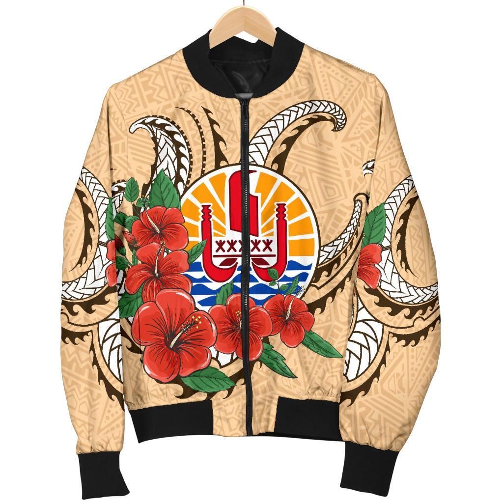 Tahiti Polynesian Women Bomber Jacket - Hibiscus Coat of Arm Beige - BN11 Bomber Jacket Tahiti Polynesian Women Bomber Jacket - Hibiscus Coat of Arm Beige - BN11 Bomber Jacket