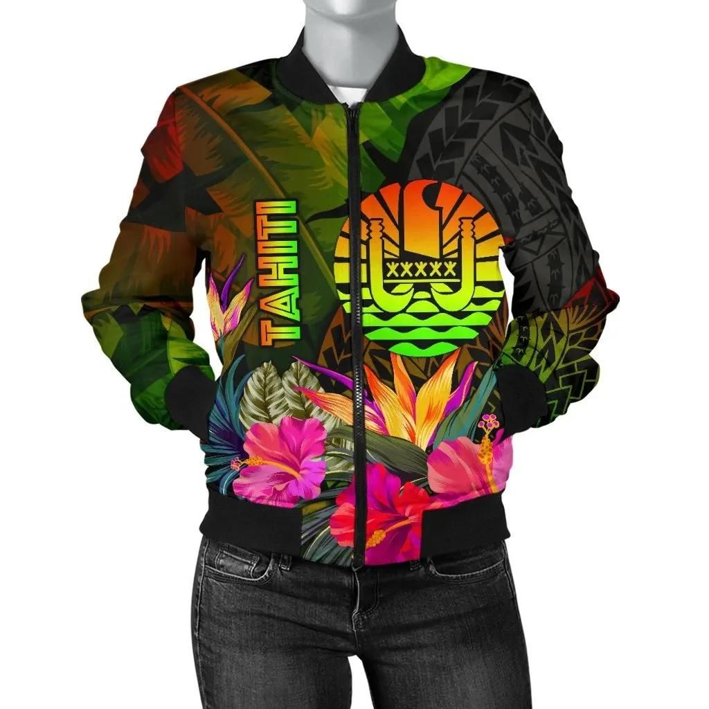 Tahiti Polynesian Women's Bomber Jacket - Hibiscus and Banana Leaves - BN15 Bomber Jacket Tahiti Polynesian Women's Bomber Jacket - Hibiscus and Banana Leaves - BN15 Bomber Jacket