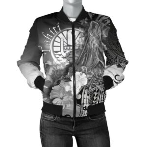 Tahiti Women's Bomber Jacket - Humpback Whale with Tropical Flowers (White)- BN18 Bomber Jacket