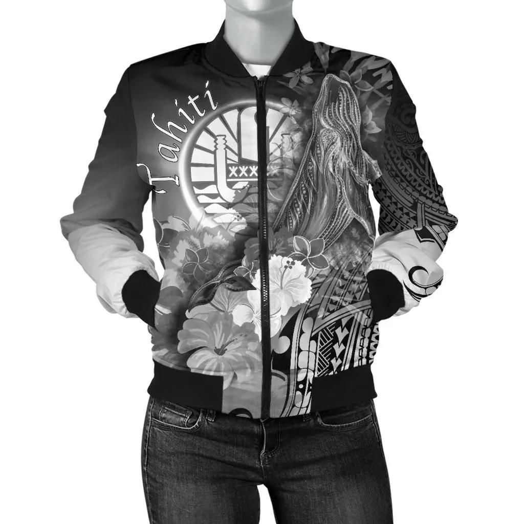 Tahiti Women's Bomber Jacket - Humpback Whale with Tropical Flowers (White)- BN18 Bomber Jacket Tahiti Women's Bomber Jacket - Humpback Whale with Tropical Flowers (White)- BN18 Bomber Jacket