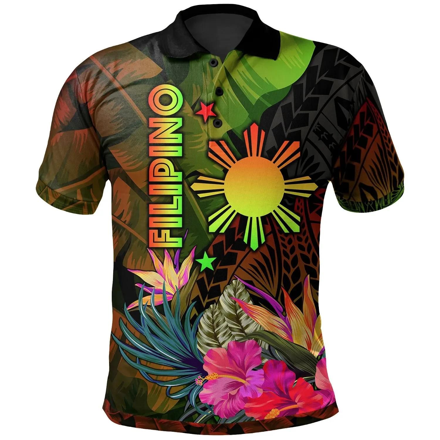 The Philippines Polynesian Polo Shirt - Hibiscus and Banana Leaves - BN15 The Philippines Polynesian Polo Shirt - Hibiscus and Banana Leaves - BN15