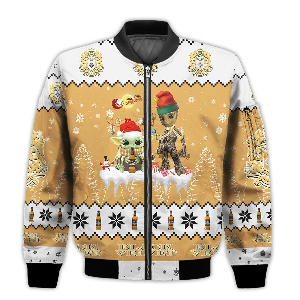 Tis-The-Season-Christmas-2022-Baby-Yoda-Groot-Santa-Claus-Deer-Unisex-Gift-Black-Velvet-Whiskey-3D-Bomber-Jacket-1