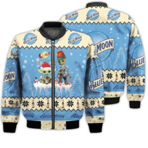 Tis The Season Christmas 2022 Baby Yoda Groot Santa Claus Deer Unisex Gift Blue Moon Beers 3D Bomber Jacket