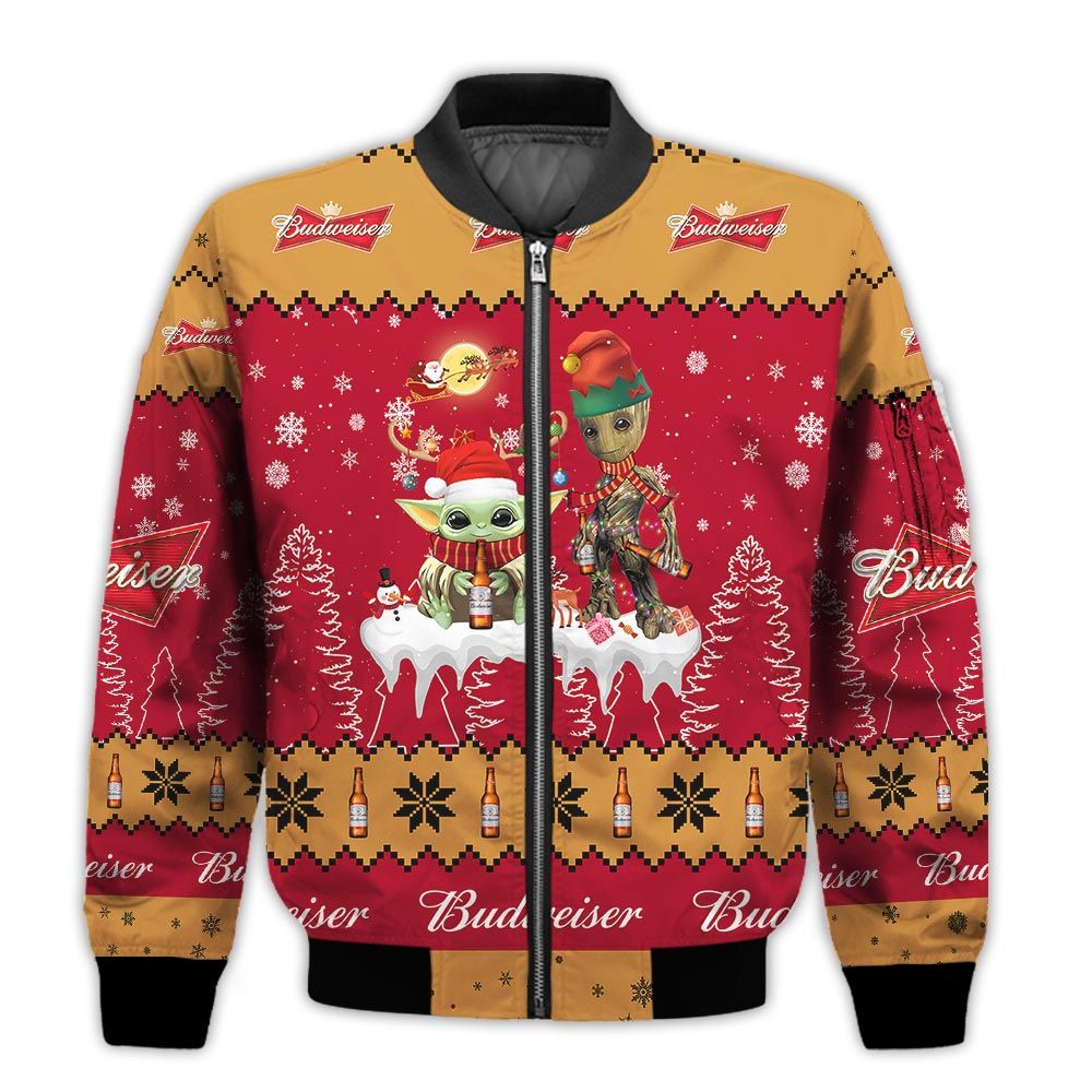 Tis-The-Season-Christmas-2022-Baby-Yoda-Groot-Santa-Claus-Deer-Unisex-Gift-Budweiser-Beers-3D-Bomber-Jacket-1