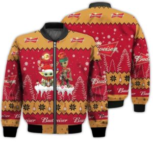 Tis The Season Christmas 2022 Baby Yoda Groot Santa Claus Deer Unisex Gift Budweiser Beers 3D Bomber Jacket