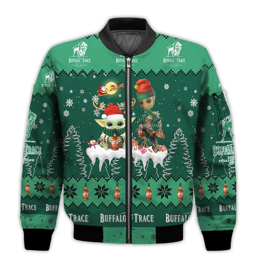 Tis-The-Season-Christmas-2022-Baby-Yoda-Groot-Santa-Claus-Deer-Unisex-Gift-Buffalo-Trace-Whiskey-3D-Bomber-Jacket-1