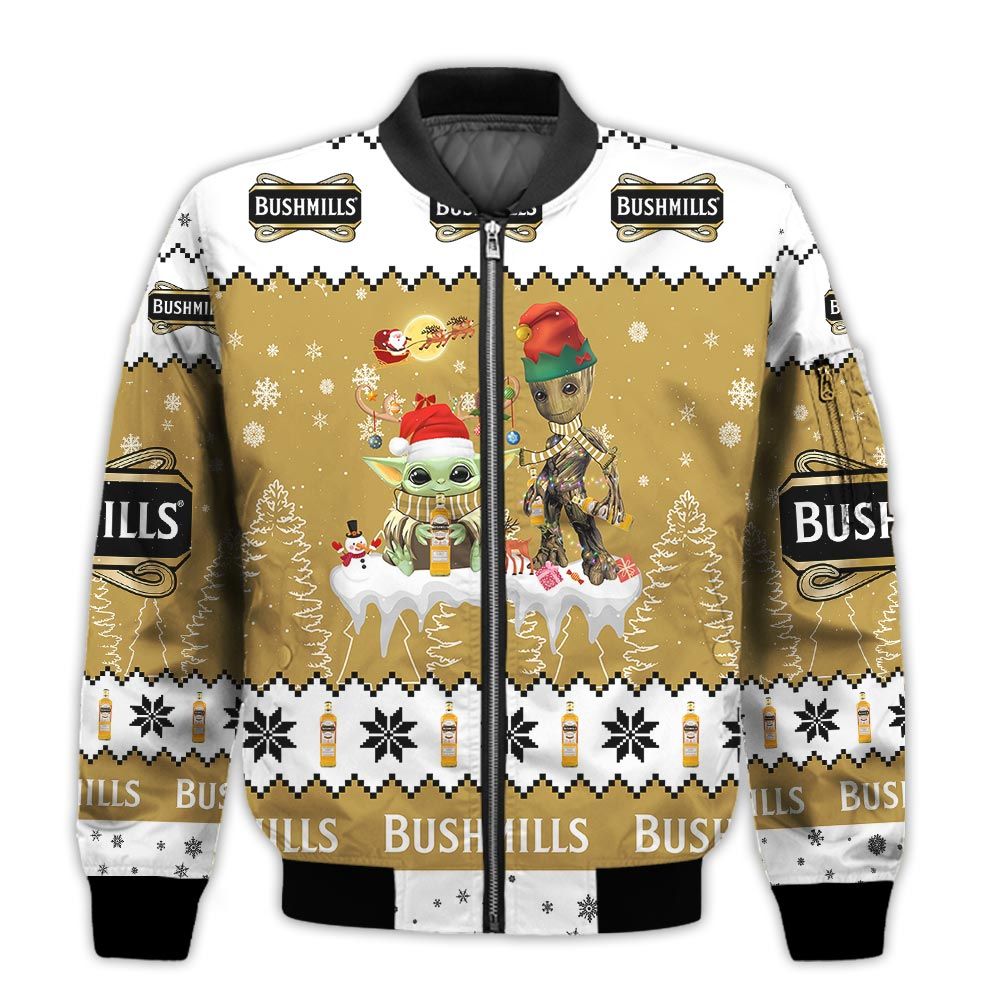 Tis-The-Season-Christmas-2022-Baby-Yoda-Groot-Santa-Claus-Deer-Unisex-Gift-Bushmills-Irish-Whiskey-3D-Bomber-Jacket-1