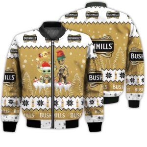 Tis The Season Christmas 2022 Baby Yoda Groot Santa Claus Deer Unisex Gift Bushmills Irish Whiskey 3D Bomber Jacket