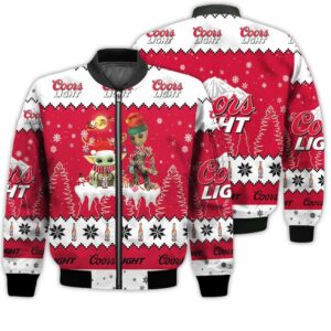 Tis The Season Christmas 2022 Baby Yoda Groot Santa Claus Deer Unisex Gift Coors Light Beers 3D Bomber Jacket