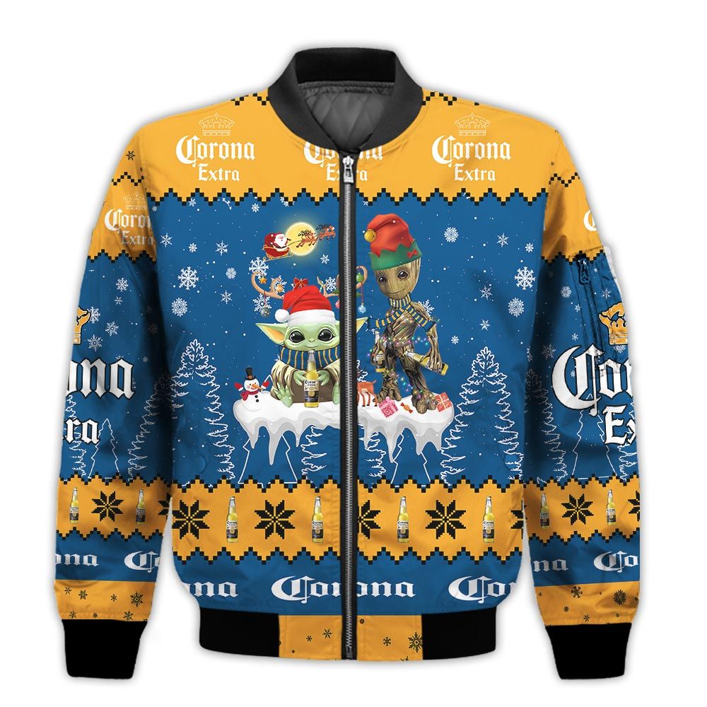 Tis-The-Season-Christmas-2022-Baby-Yoda-Groot-Santa-Claus-Deer-Unisex-Gift-Corona-Extra-Beers-3D-Bomber-Jacket-1