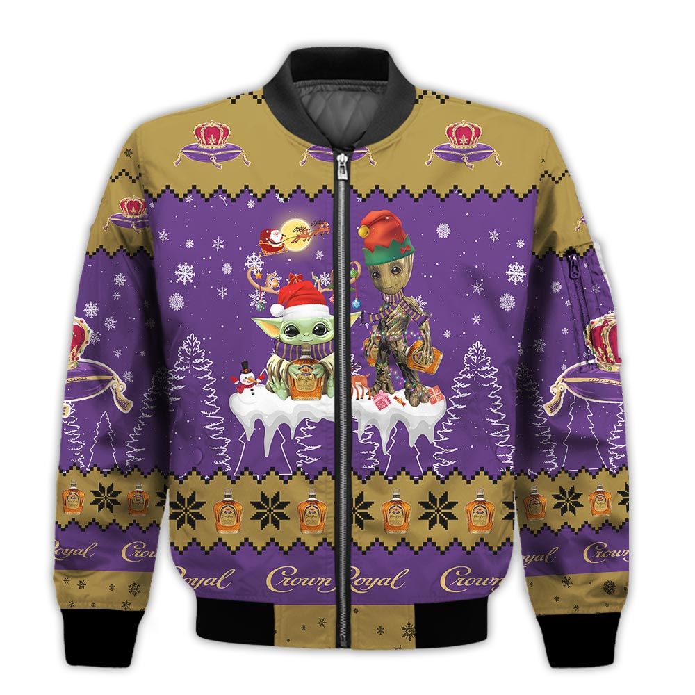Tis-The-Season-Christmas-2022-Baby-Yoda-Groot-Santa-Claus-Deer-Unisex-Gift-Crown-Royal-Whiskey-3D-Bomber-Jacket-1