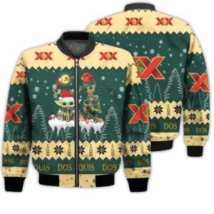 Tis The Season Christmas 2022 Baby Yoda Groot Santa Claus Deer Unisex Gift Dos Equis Beers 3D Bomber Jacket