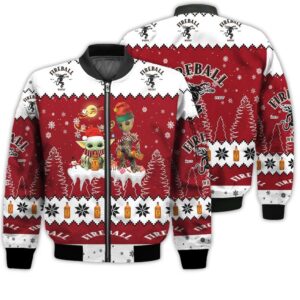 Tis The Season Christmas 2022 Baby Yoda Groot Santa Claus Deer Unisex Gift Fireball Whiskey 3D Bomber Jacket