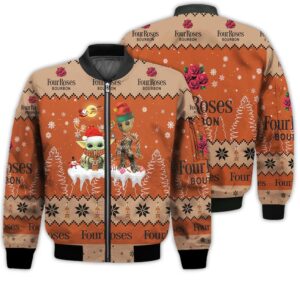 Tis The Season Christmas 2022 Baby Yoda Groot Santa Claus Deer Unisex Gift Four Roses Whiskey 3D Bomber Jacket