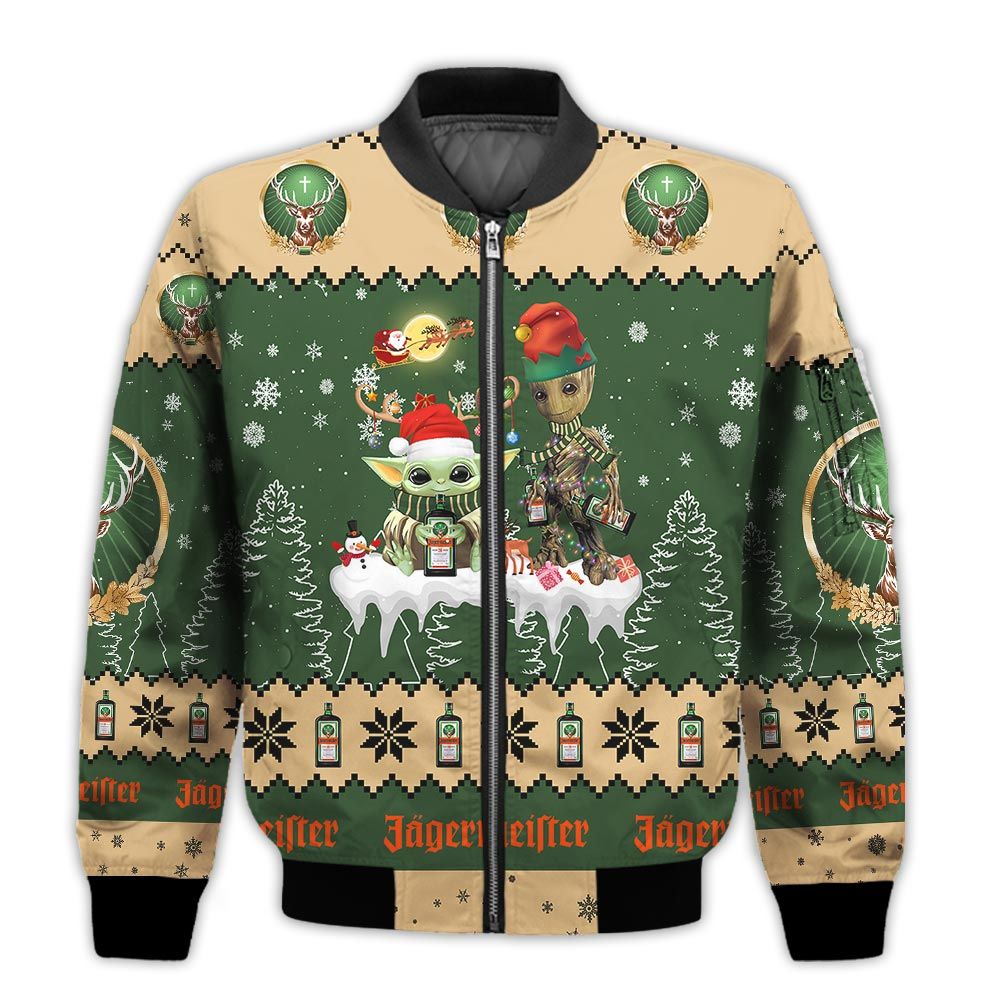Tis-The-Season-Christmas-2022-Baby-Yoda-Groot-Santa-Claus-Deer-Unisex-Gift-Jagermeister-Whiskey-3D-Bomber-Jacket-1