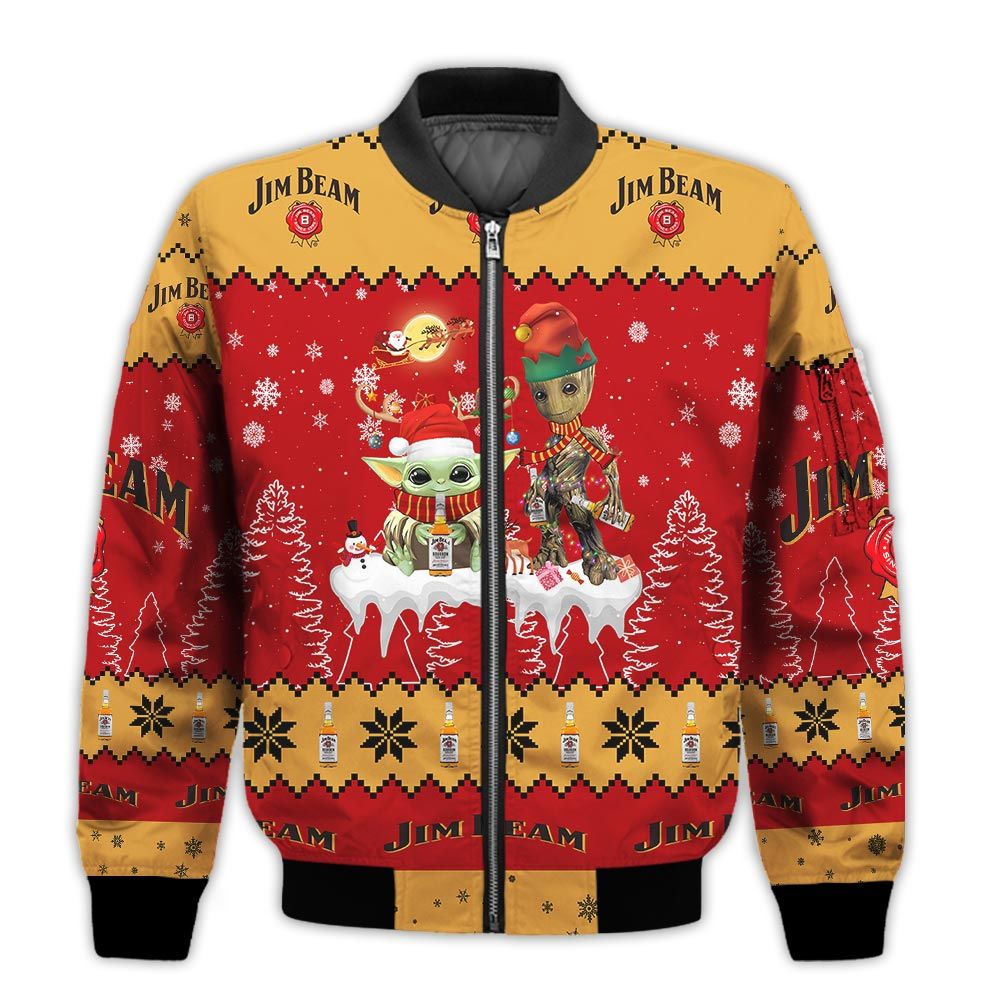 Tis-The-Season-Christmas-2022-Baby-Yoda-Groot-Santa-Claus-Deer-Unisex-Gift-Jim-Beam-Whiskey-3D-Bomber-Jacket-1