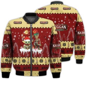Tis The Season Christmas 2022 Baby Yoda Groot Santa Claus Deer Unisex Gift Kilbeggan Whiskey 3D Bomber Jacket