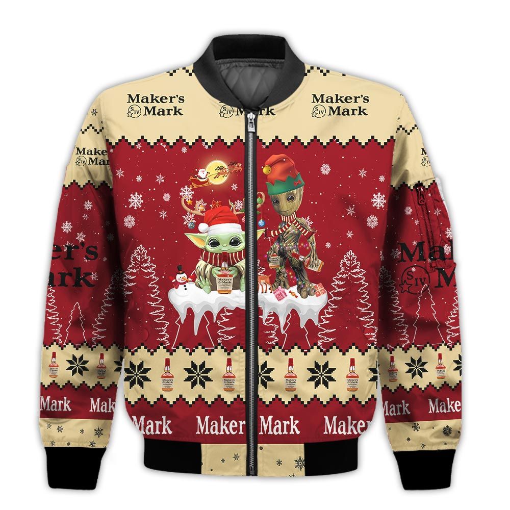 Tis-The-Season-Christmas-2022-Baby-Yoda-Groot-Santa-Claus-Deer-Unisex-Gift-Makers-Mark-Whiskey-3D-Bomber-Jacket-1