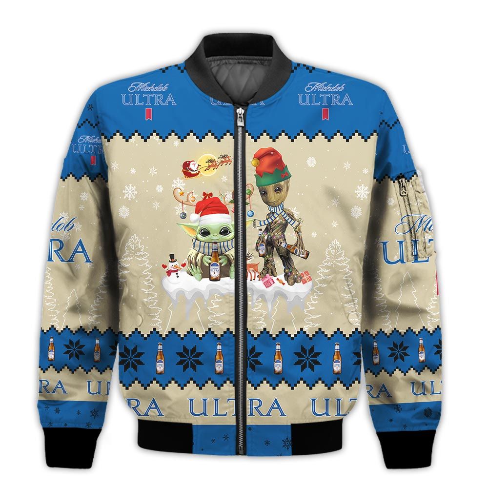 Tis-The-Season-Christmas-2022-Baby-Yoda-Groot-Santa-Claus-Deer-Unisex-Gift-Michelob-Ultra-Beers-3D-Bomber-Jacket-1