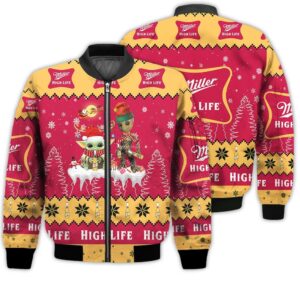 Tis The Season Christmas 2022 Baby Yoda Groot Santa Claus Deer Unisex Gift Miller High Life Beers 3D Bomber Jacket