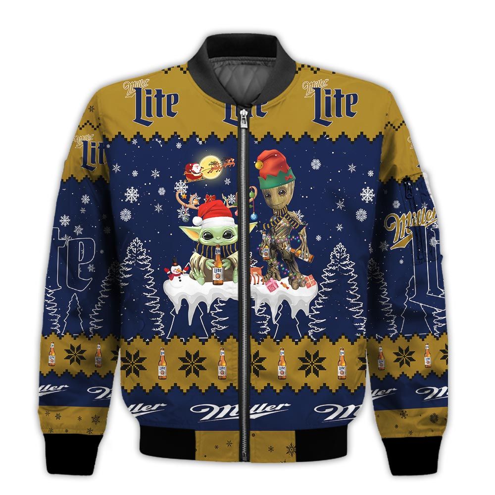 Tis-The-Season-Christmas-2022-Baby-Yoda-Groot-Santa-Claus-Deer-Unisex-Gift-Miller-Lite-Beers-3D-Bomber-Jacket-1