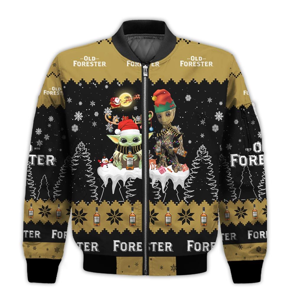 Tis-The-Season-Christmas-2022-Baby-Yoda-Groot-Santa-Claus-Deer-Unisex-Gift-Old-Forester-Whiskey-3D-Bomber-Jacket-1