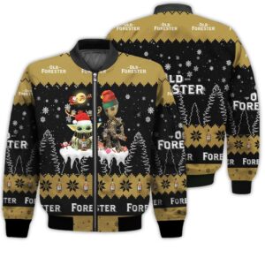 Tis The Season Christmas 2022 Baby Yoda Groot Santa Claus Deer Unisex Gift Old Forester Whiskey 3D Bomber Jacket