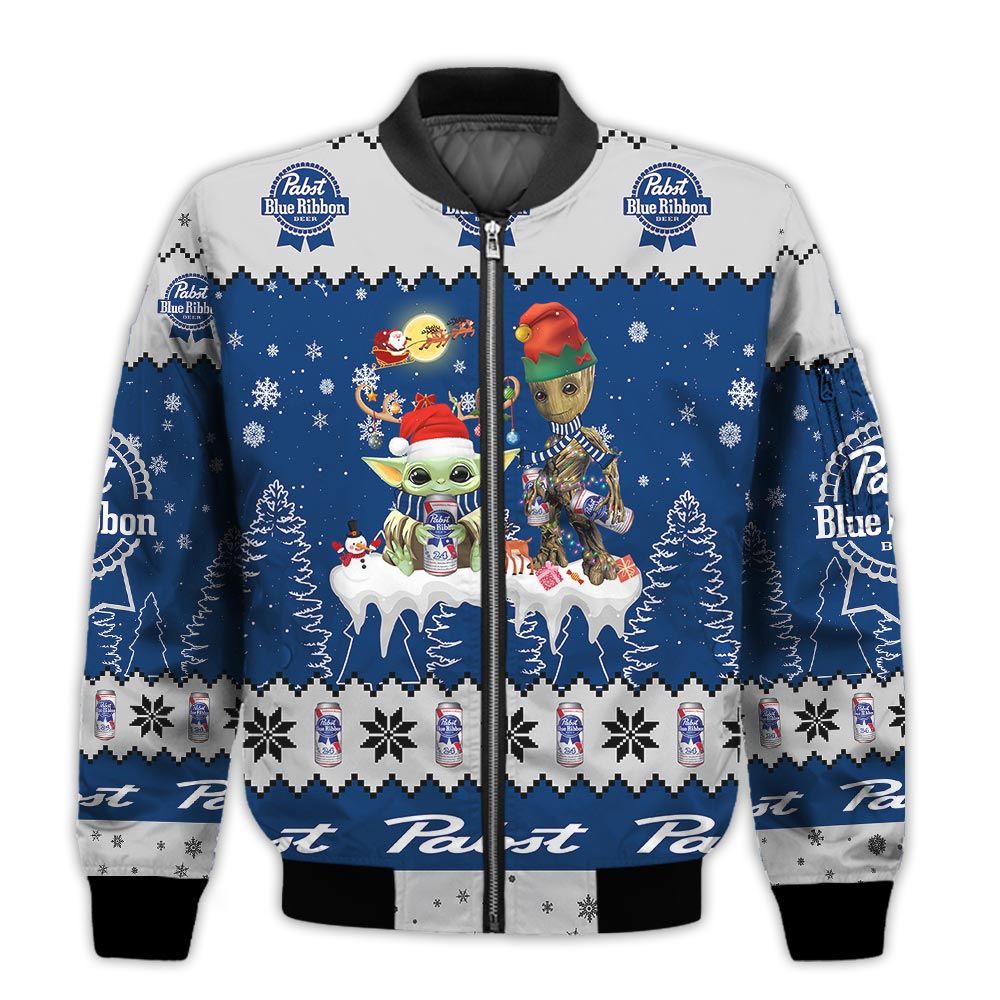 Tis-The-Season-Christmas-2022-Baby-Yoda-Groot-Santa-Claus-Deer-Unisex-Gift-Pabst-Blue-Ribbon-Beers-3D-Bomber-Jacket-1