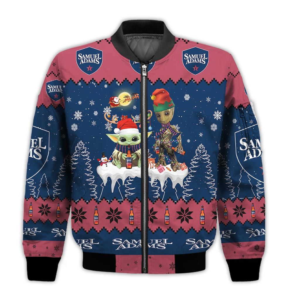 Tis-The-Season-Christmas-2022-Baby-Yoda-Groot-Santa-Claus-Deer-Unisex-Gift-Samuel-Adams-Beers-3D-Bomber-Jacket-1