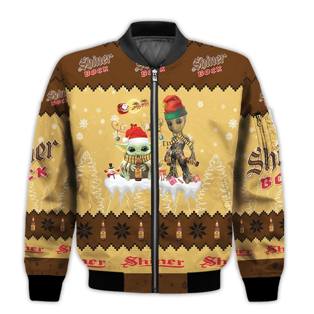Tis-The-Season-Christmas-2022-Baby-Yoda-Groot-Santa-Claus-Deer-Unisex-Gift-Shiner-Bock-Beers-3D-Bomber-Jacket-1