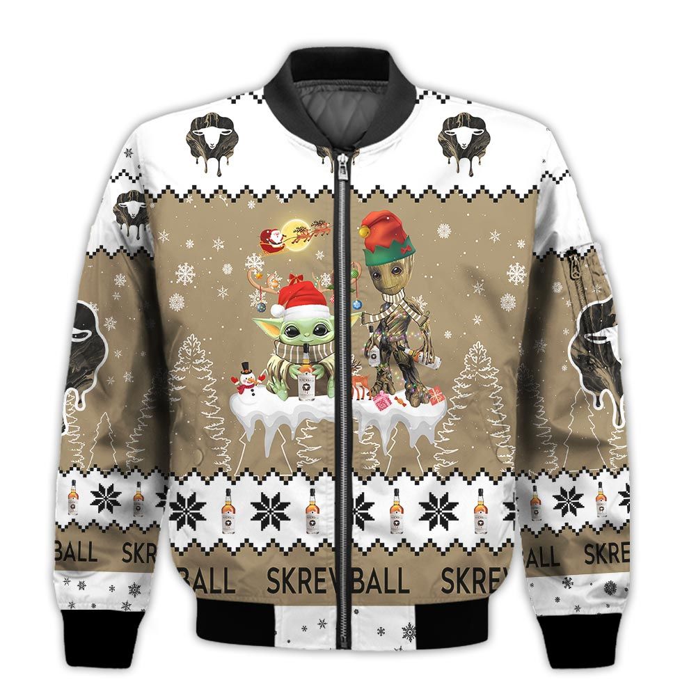 Tis-The-Season-Christmas-2022-Baby-Yoda-Groot-Santa-Claus-Deer-Unisex-Gift-Skrewball-Whiskey-3D-Bomber-Jacket-1