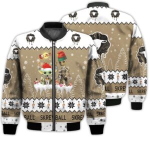 Tis The Season Christmas 2022 Baby Yoda Groot Santa Claus Deer Unisex Gift Skrewball Whiskey 3D Bomber Jacket