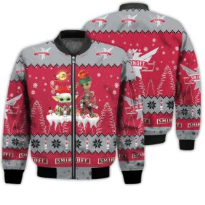 Tis The Season Christmas 2022 Baby Yoda Groot Santa Claus Deer Unisex Gift Smirnoff Beers 3D Bomber Jacket