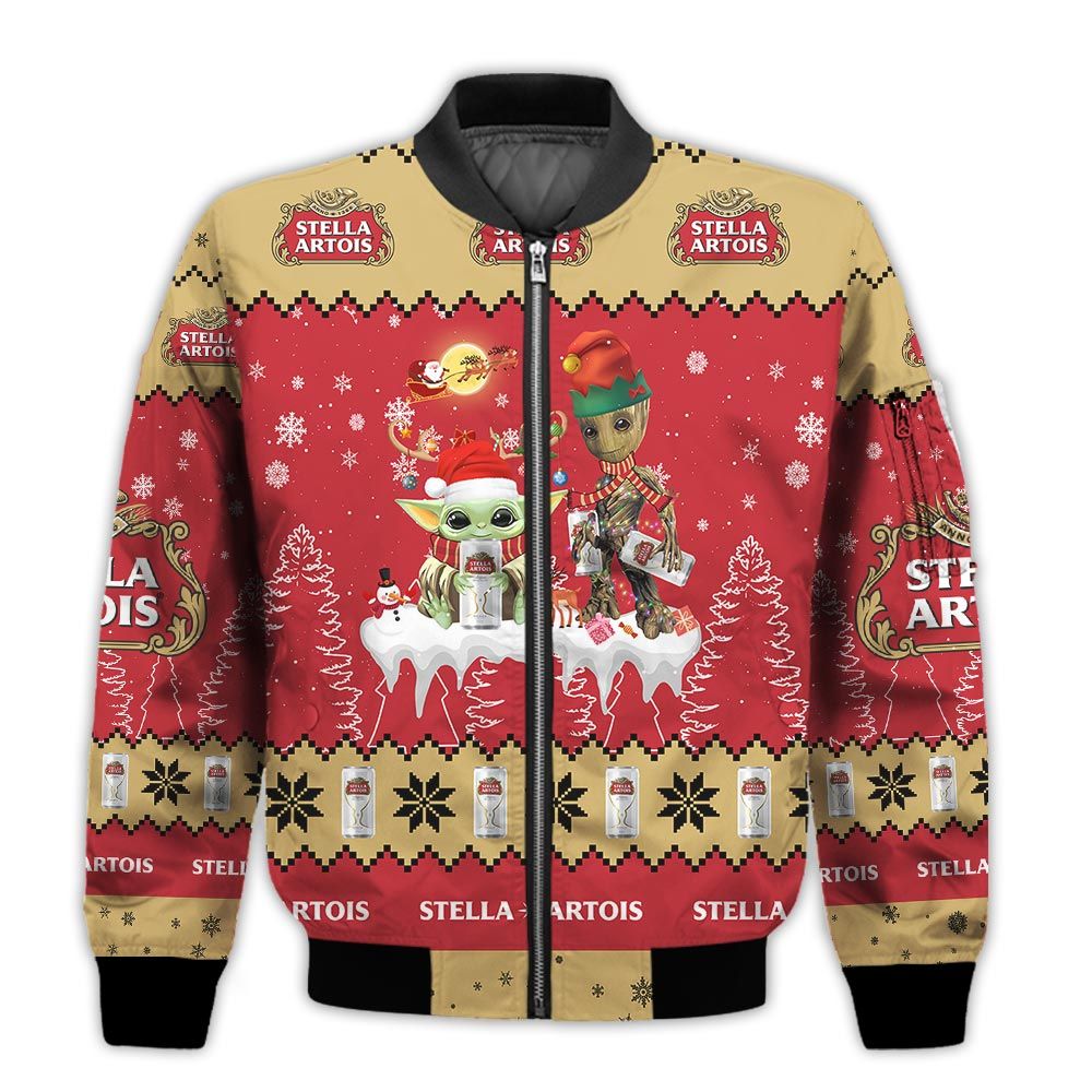 Tis-The-Season-Christmas-2022-Baby-Yoda-Groot-Santa-Claus-Deer-Unisex-Gift-Stella-Artois-Beers-3D-Bomber-Jacket-1