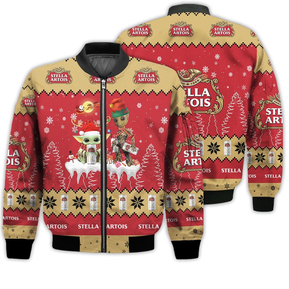 Tis The Season Christmas 2022 Baby Yoda Groot Santa Claus Deer Unisex Gift Stella Artois Beers 3D Bomber Jacket Tis The Season Christmas 2022 Baby Yoda Groot Santa Claus Deer Unisex Gift Stella Artois Beers 3D Bomber Jacket
