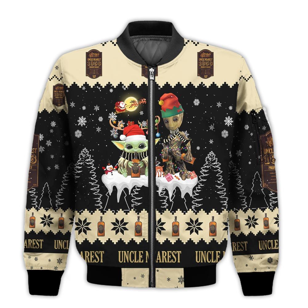 Tis-The-Season-Christmas-2022-Baby-Yoda-Groot-Santa-Claus-Deer-Unisex-Gift-Uncle-Nearest-Whiskey-3D-Bomber-Jacket-1