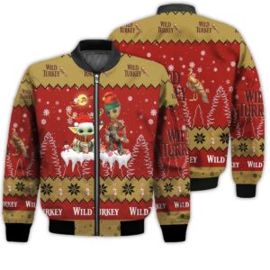 Tis The Season Christmas 2022 Baby Yoda Groot Santa Claus Deer Unisex Gift Wild Turkey Whiskey 3D Bomber Jacket