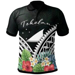 Tokelau Polo Shirt - Tokelau Coat of Arms & Polynesian Tropical Flowers White - BN22