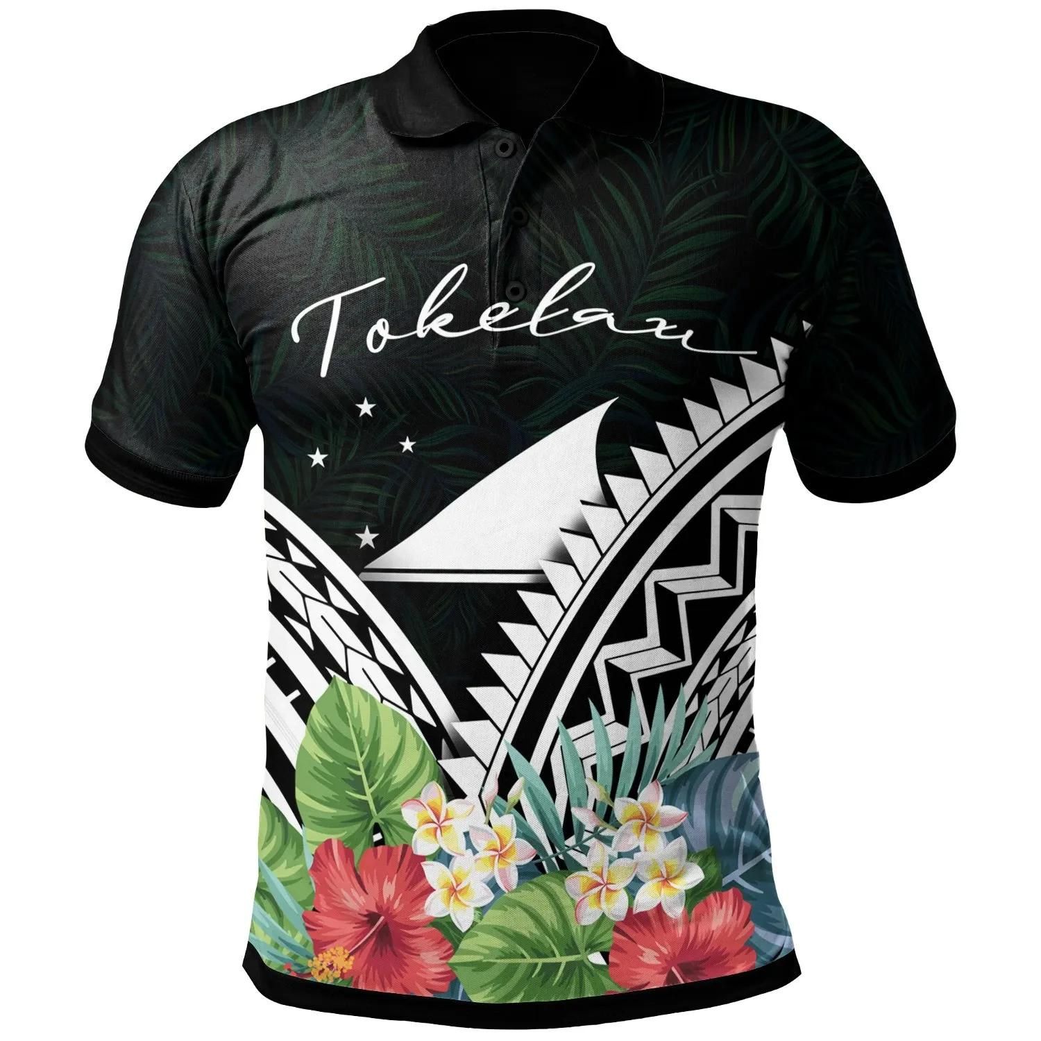 Tokelau Polo Shirt - Tokelau Coat of Arms & Polynesian Tropical Flowers White - BN22 Tokelau Polo Shirt - Tokelau Coat of Arms & Polynesian Tropical Flowers White - BN22