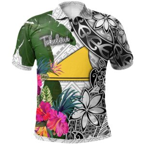 Tokelau Polo Shirt White - Turtle Plumeria Banana Leaf - BN11