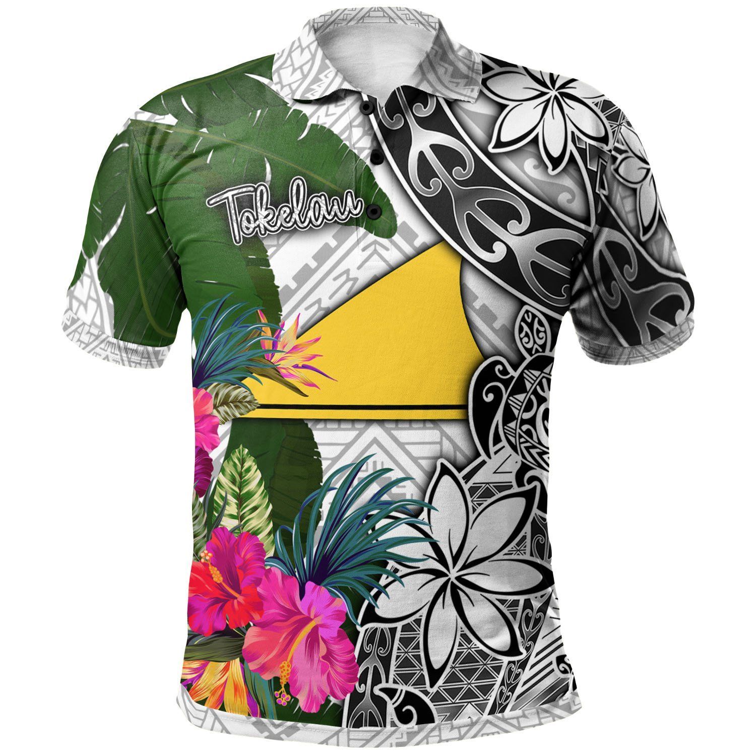 Tokelau Polo Shirt White - Turtle Plumeria Banana Leaf - BN11 Tokelau Polo Shirt White - Turtle Plumeria Banana Leaf - BN11