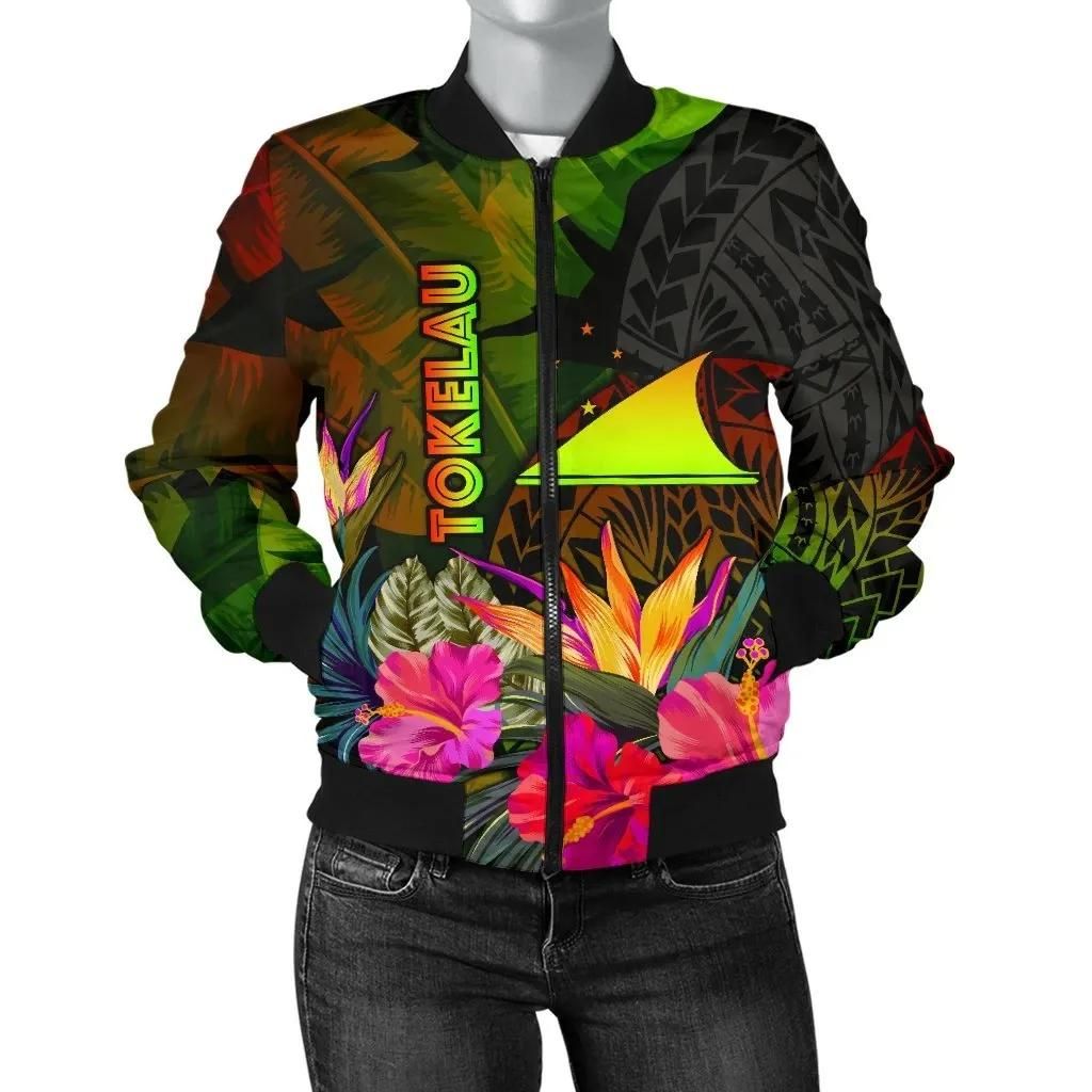 Tokelau Polynesian Women's Bomber Jacket - Hibiscus and Banana Leaves - BN15 Bomber Jacket Tokelau Polynesian Women's Bomber Jacket - Hibiscus and Banana Leaves - BN15 Bomber Jacket