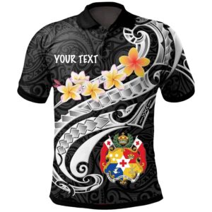 Tonga Custom Personalised Polo Shirt - Tonga Seal  Polynesian Patterns Plumeria (Black) - BN25