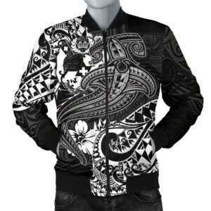 Tonga Men's Bomber Jacket - White Shark Polynesian Tattoo - BN18 Bomber Jacket
